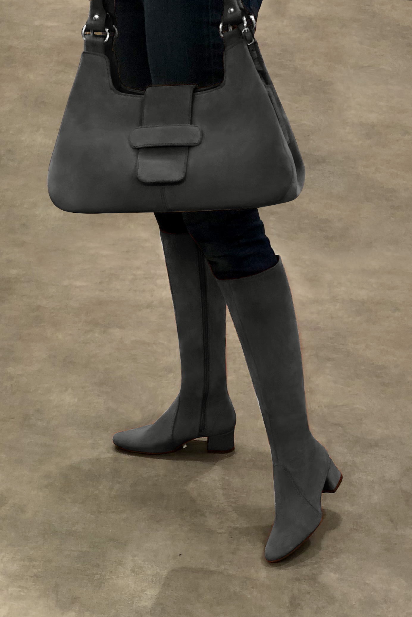 Dark grey women's feminine knee-high boots. Round toe. Low flare heels. Made to measure. Worn view - Florence KOOIJMAN